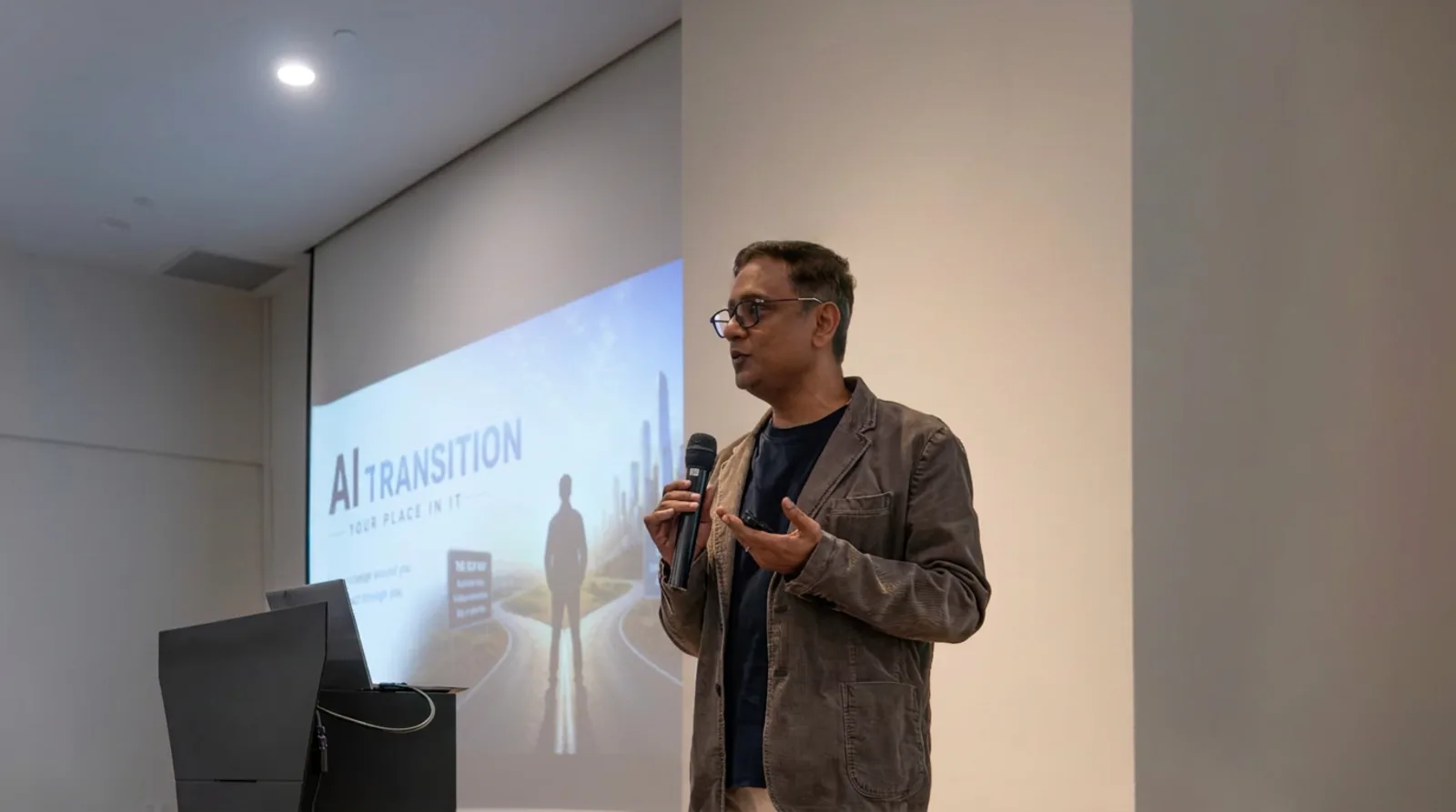 Swarup Biswas delivering a keynote on the AI transition to a business audience.